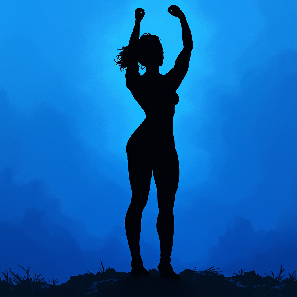 A silhouetted figure stands confidently against a vibrant blue background, arms raised, embodying strength and bravery, inspired by the quote about being strong and enough.