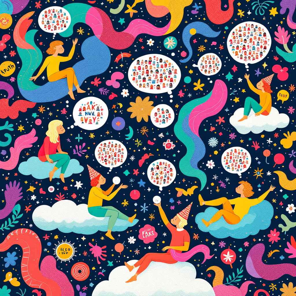 A colorful illustration depicting diverse figures on clouds, engaged in thought, surrounded by swirling patterns and text bubbles, reflecting the concept of Homo sapiens as a post-truth species.