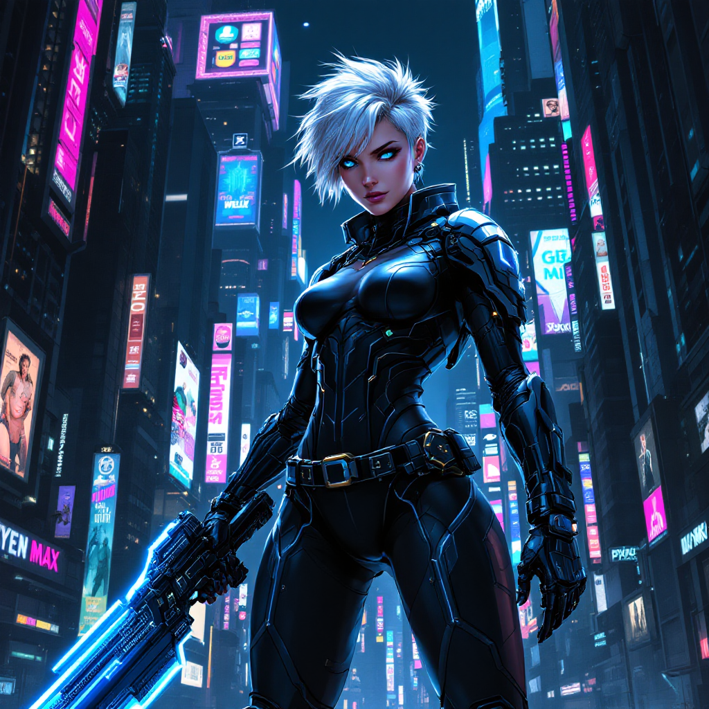 A fierce female figure stands confidently in a futuristic cityscape, wielding a gun, embodying the quote, The best defense against the world is a good offense. Neon lights illuminate the scene.