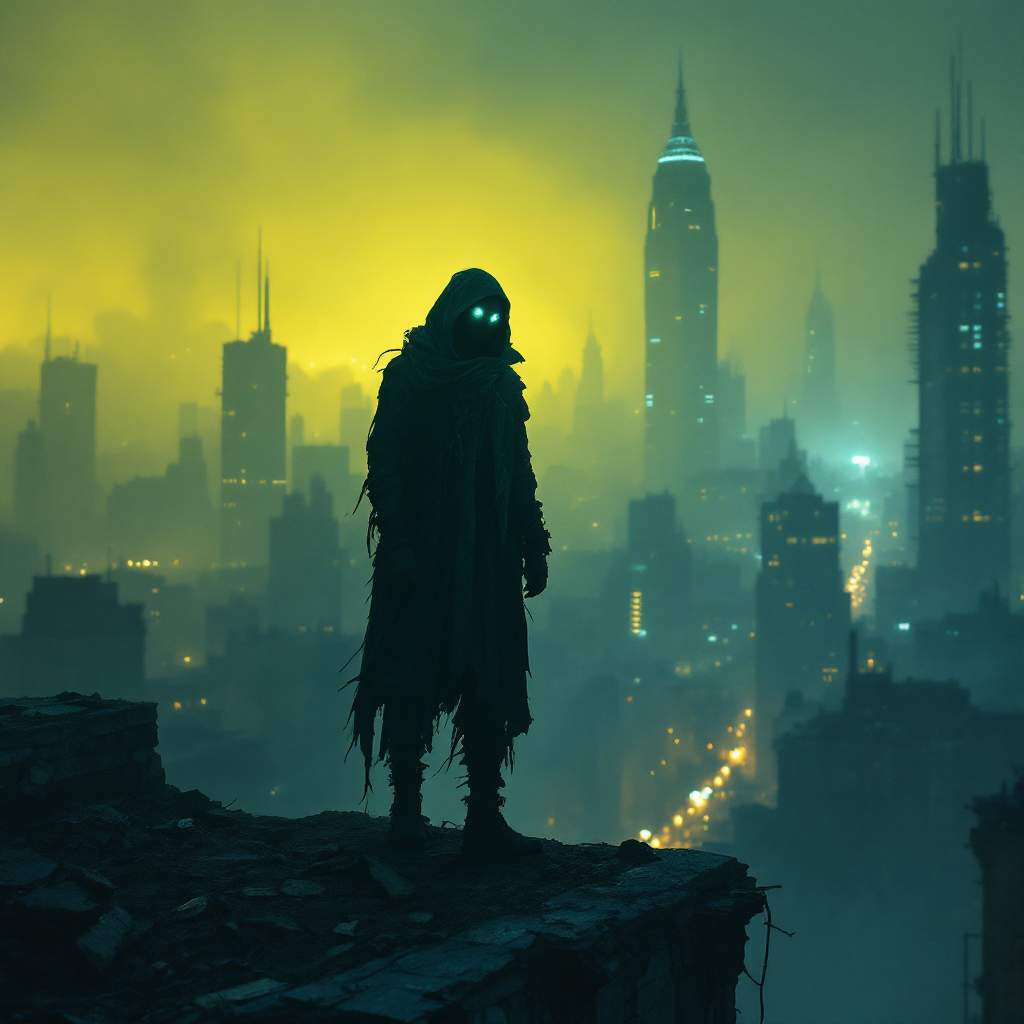 A cloaked figure stands on a crumbling ledge, gazing out over a foggy, neon-lit cityscape, embodying the sentiment of shared loss and the assurance of never being alone.