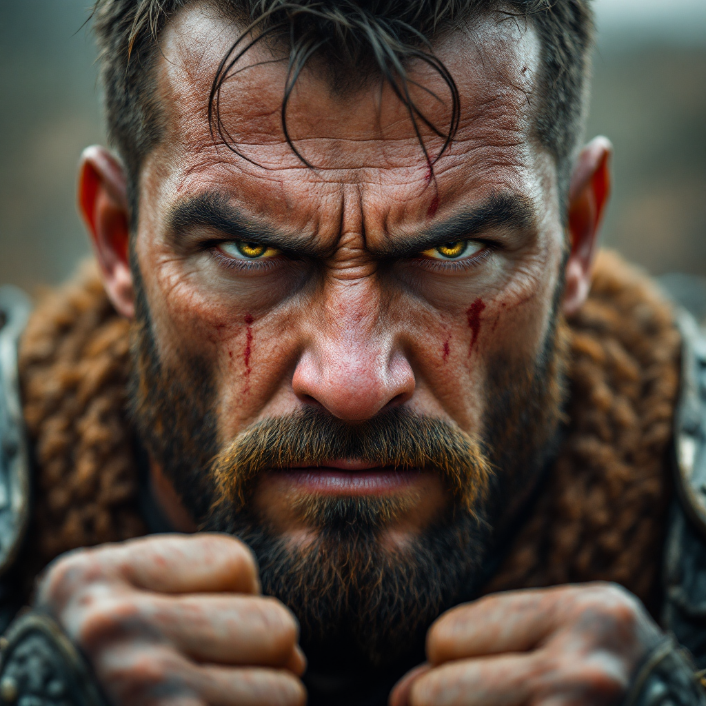 A determined warrior with intense eyes and a rugged beard clutches his fists, embodying strength and the battle scars that reveal his heart and past struggles.