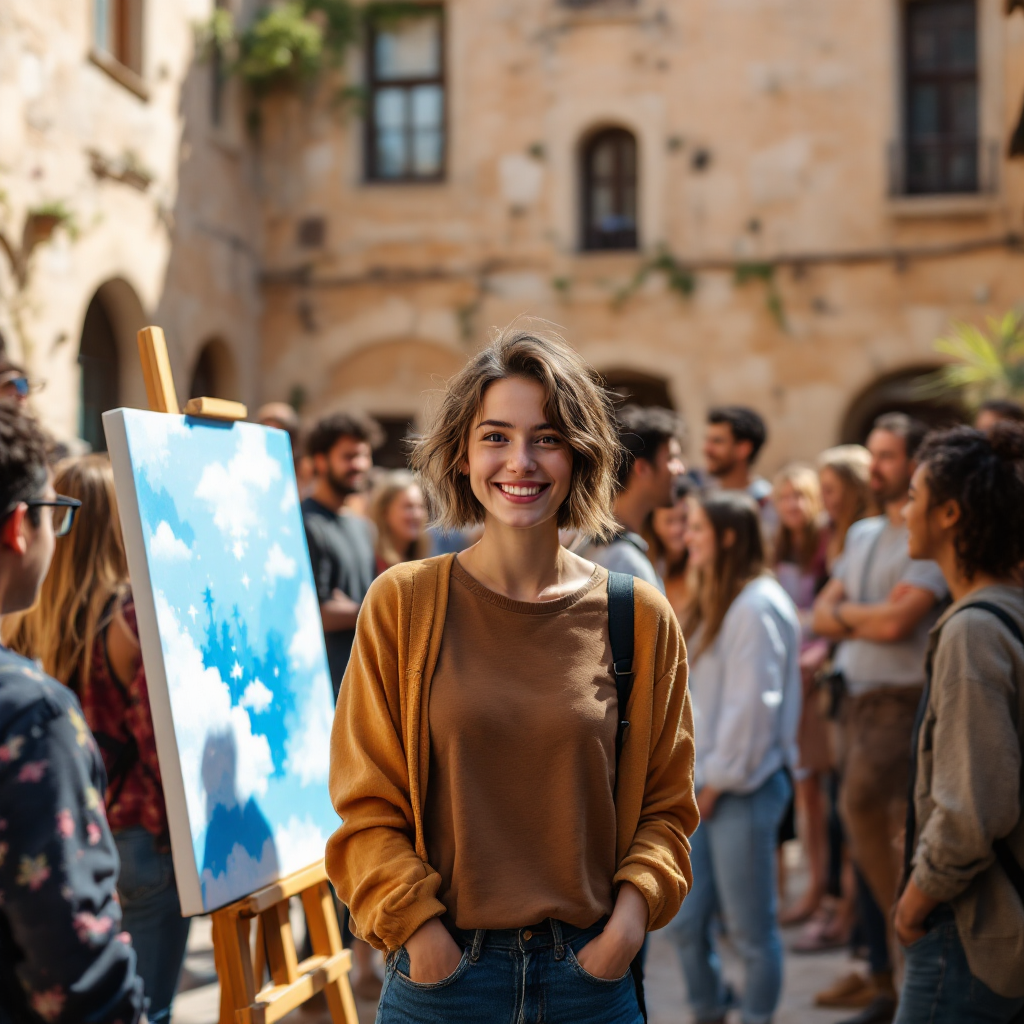 A young woman smiles confidently in a lively gathering, surrounded by peers. She stands beside a canvas, symbolizing the potential of youth to envision and reshape their homeland.