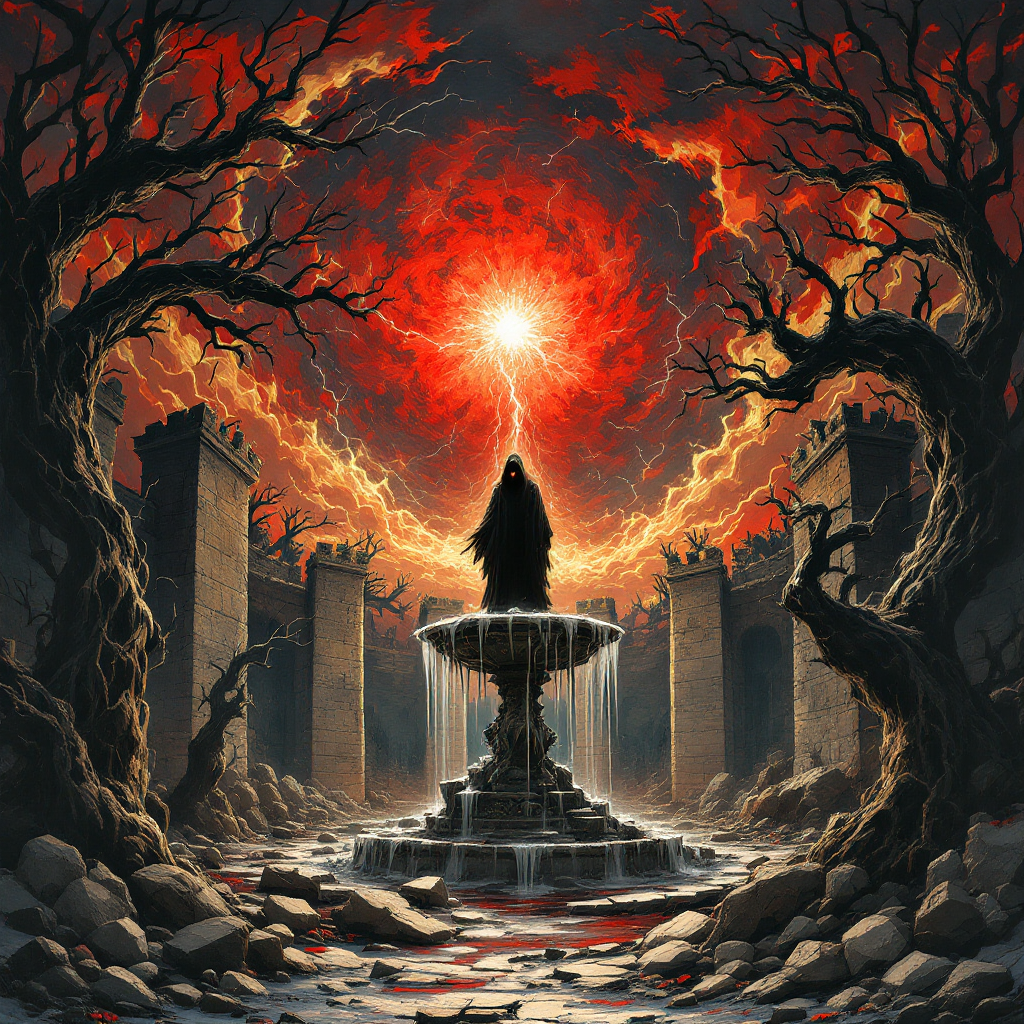 A shadowy figure stands atop a fountain in a desolate landscape, surrounded by twisted trees and a fiery, swirling sky, embodying the madness and destruction of war.