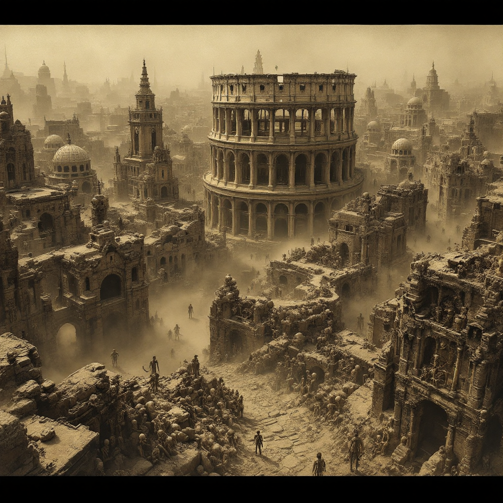 A desolate, post-apocalyptic landscape features the iconic Colosseum surrounded by crumbling ruins, evoking themes of history and the legacies built on the past.