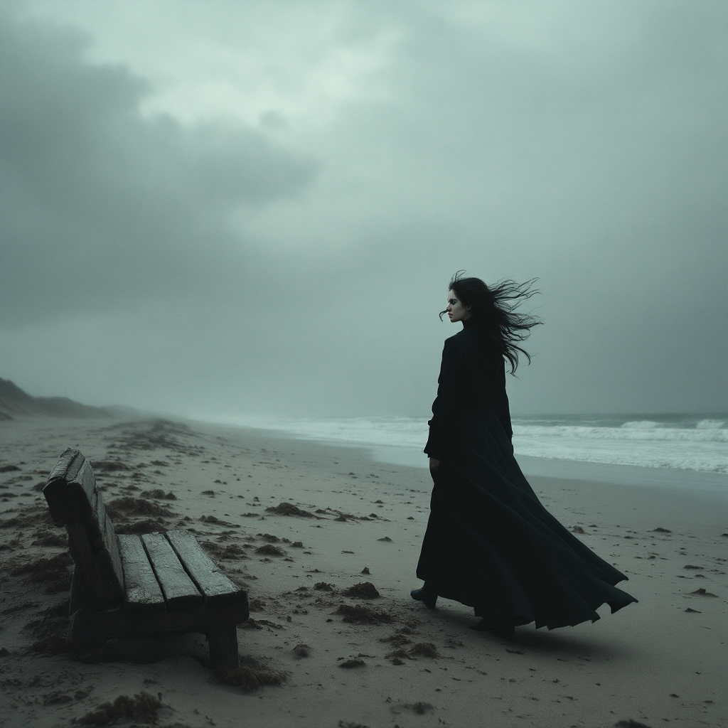 A figure in a flowing black coat walks along a deserted beach, wind tousling their hair, as stormy skies loom above, embodying the essence of choices leading to new stories.