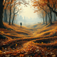 A tranquil autumn landscape featuring winding paths covered in vibrant orange and yellow leaves, with silhouettes of figures walking amidst the trees, embodying the beauty of October.