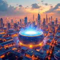 A vibrant city skyline at sunset, featuring a futuristic stadium illuminated with blue lights, symbolizing innovation and technology for a sustainable energy future.