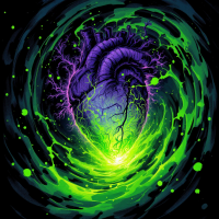 A vivid, swirling design features a purple heart at its center, emanating bright green light, illustrating the quote about the heart's truth over the mind's doubts.