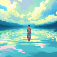 A serene scene of a woman standing in calm water, surrounded by vibrant clouds and mountains, evokes the quote about the many ways to drown and the singular way to stay afloat.