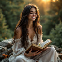 A young woman sits on a rock, smiling as she reads a book amidst a serene, sunlit forest, embodying the joy and discovery of new adventures through knowledge.