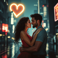 A couple embraces tenderly in a vibrant city street, illuminated by a glowing heart sign, capturing the essence of love's madness and reason.