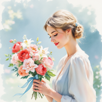 A serene woman in a light blouse holds a bouquet of pastel flowers, reflecting the moment from Mrs. Dalloway when she decides to buy the flowers herself.