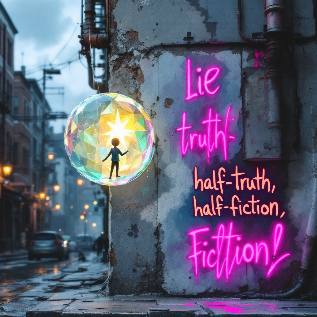 A figure inside a luminous bubble stands against an urban backdrop, surrounded by neon text: Lie, truth, half-truth, half-fiction, Fiction! Reflecting on the fragility of truth.