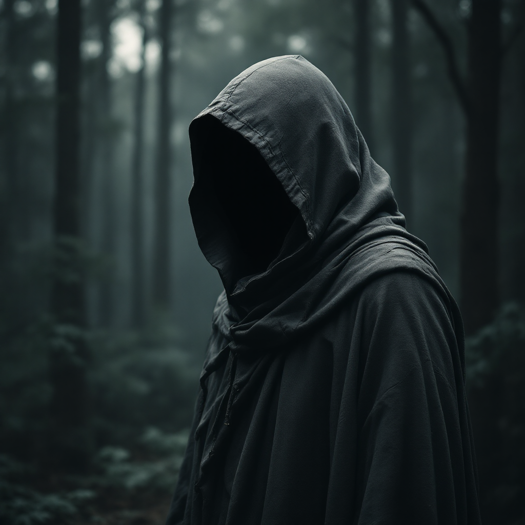 A mysterious figure in a dark hooded cloak stands in a foggy forest, blending into the shadowy surroundings, embodying secrecy and enigma.