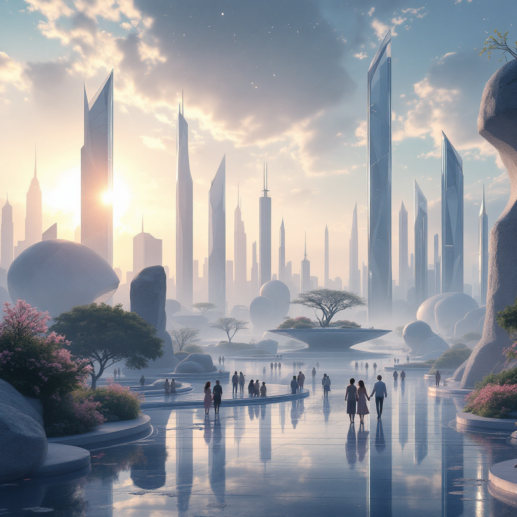 A serene futuristic cityscape with towering glass buildings and lush greenery, people gather by reflective waters, embodying a shared life in harmony with their surroundings.