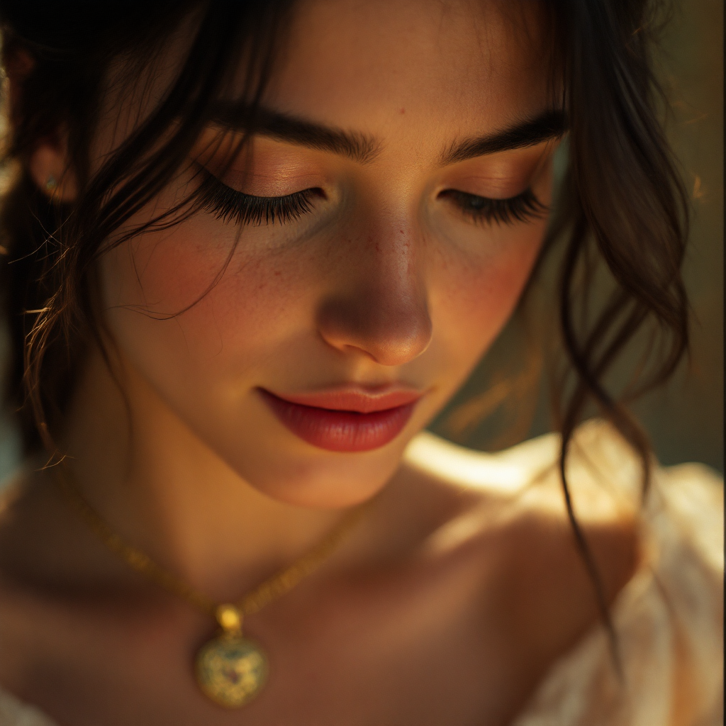 A close-up of a young woman with soft makeup and long eyelashes, lost in thought, embodying the theme of strength intertwined with vulnerability.