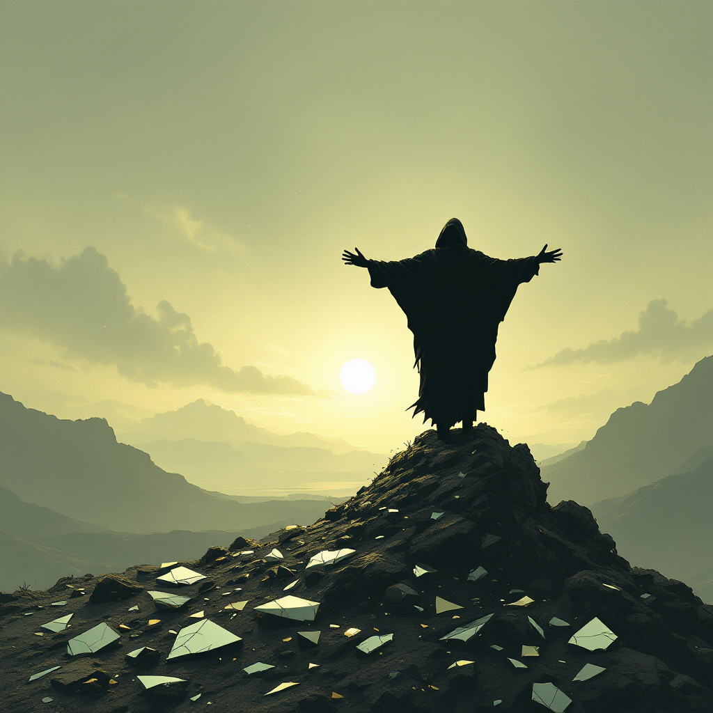 A cloaked figure stands on a rocky mountain peak, arms outstretched, silhouetted against a glowing sunset, surrounded by shattered mirrors, embodying the quote about winning through loss.