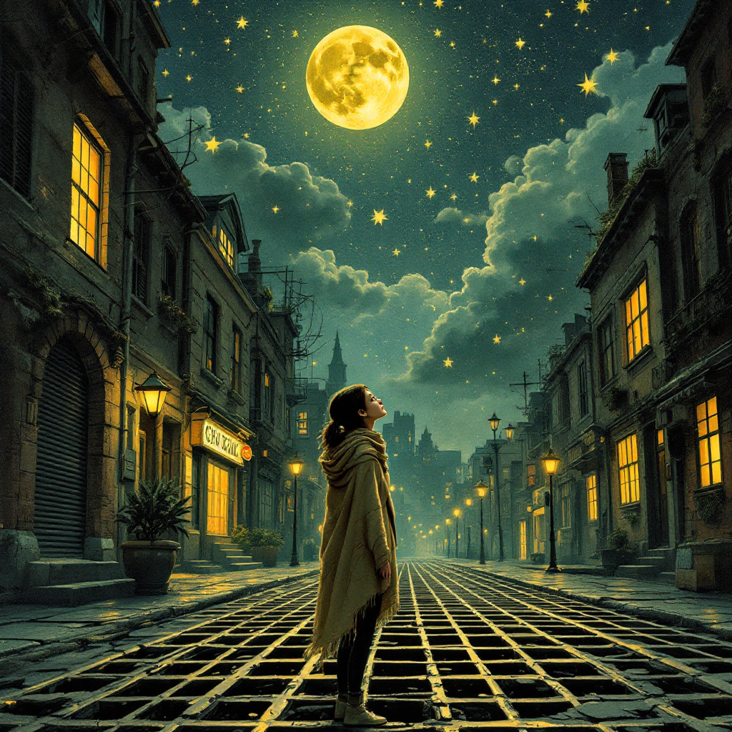 A figure stands in a starry street, gazing up at a bright moon. The scene captures the essence of the quote, highlighting hope amidst a somber urban setting.