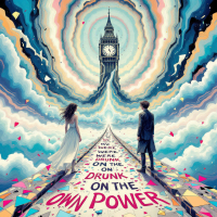 A surreal landscape featuring a couple standing on a path leading to Big Ben, surrounded by swirling colors and text proclaiming, Drunk on our own power, capturing a sense of limitless potential.