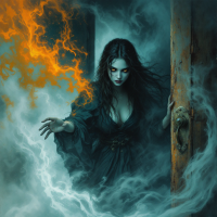 A mysterious figure with long, dark hair and glowing eyes stands at an open door, surrounded by swirling smoke and bursts of orange energy, embodying the quote's theme of confronting the past.