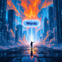 A silhouetted figure stands in a futuristic cityscape, facing a vibrant burst of flames and light above the word Words, capturing the essence of their powerful impact as described in the quote.