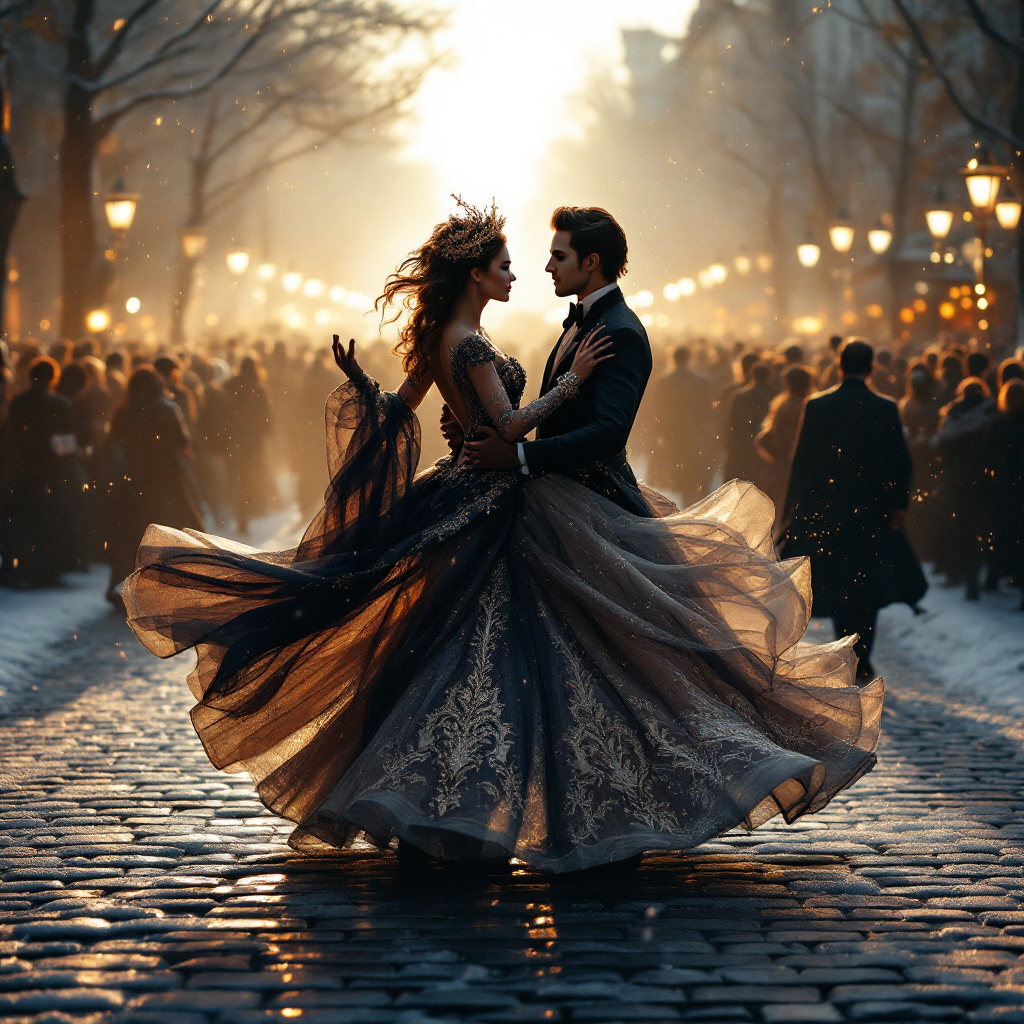 A couple dances elegantly on a frost-covered cobblestone street, surrounded by a festive crowd. The woman’s ornate, multicolored gown contrasts with the simpler attire of the man.