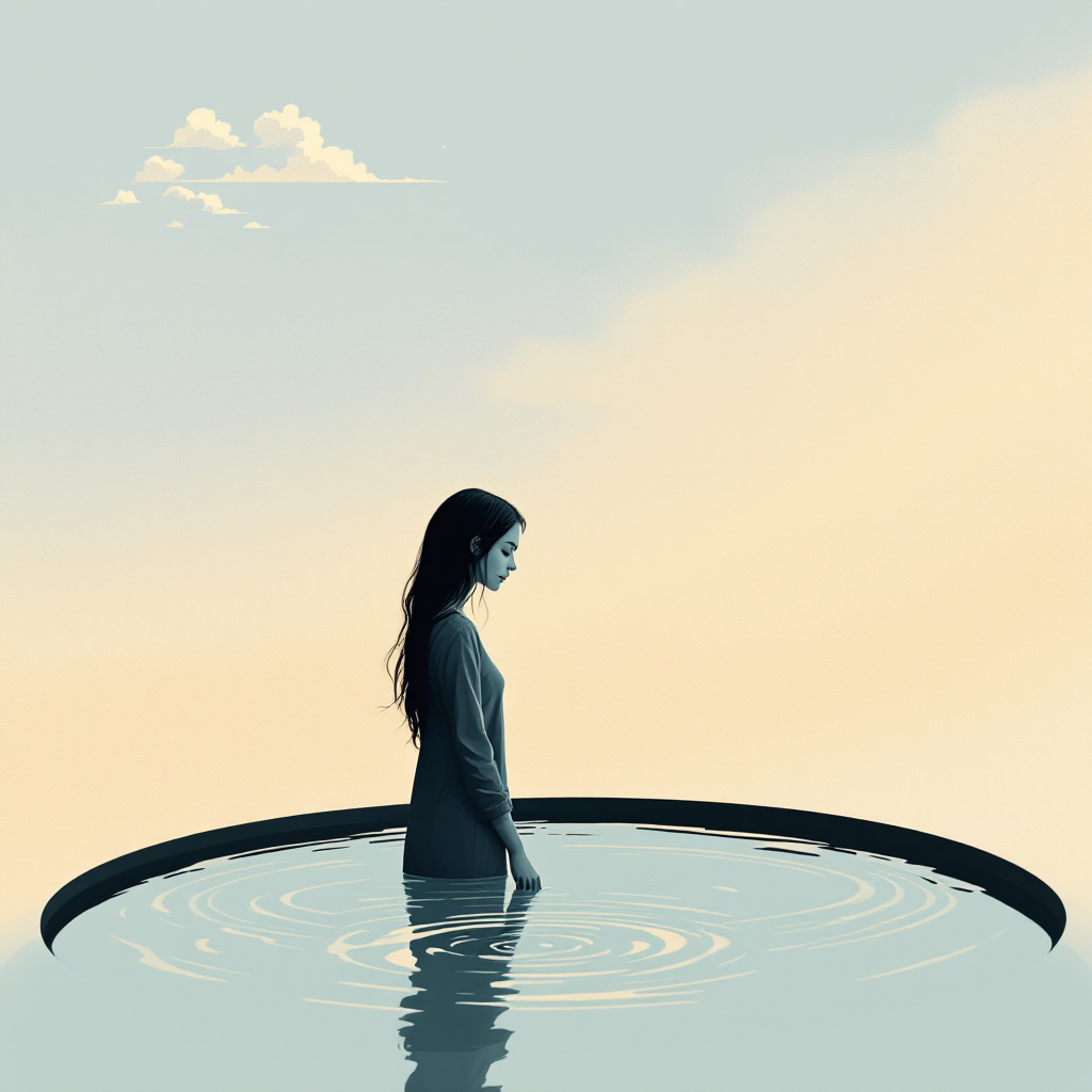 A figure stands in still water, gazing contemplatively into the distance. The serene atmosphere reflects a moment of self-discovery, echoing the quote, Till this moment, I never knew myself.