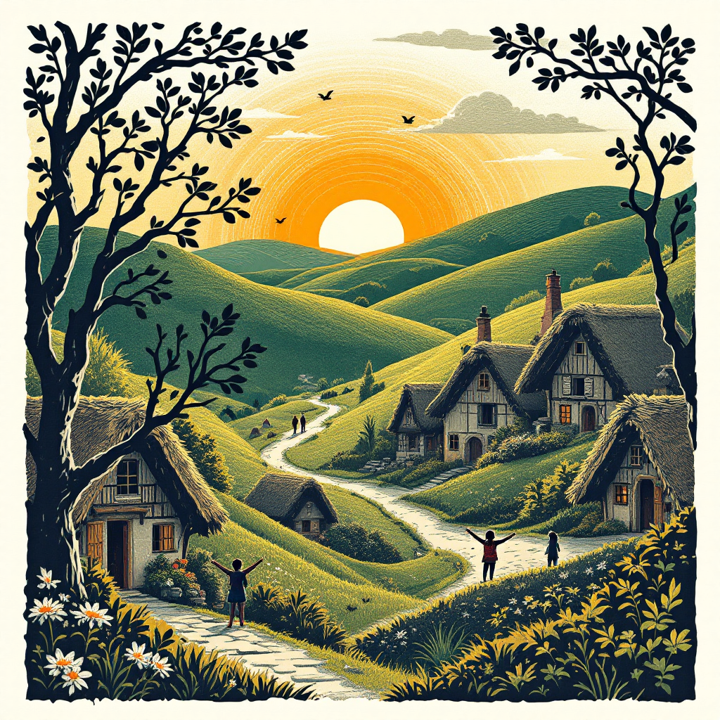 A serene landscape with rolling hills and quaint cottages bathed in the warm glow of a rising sun, embodying the essence of a place where each day begins with light.