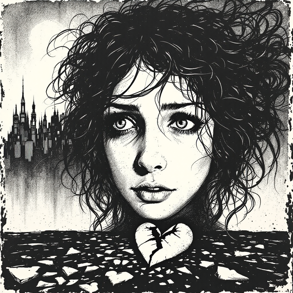 A striking illustration of a young woman with wild hair, her sorrowful expression framed by a cracked heart, embodying the fierce despair from the quote about lost hope.