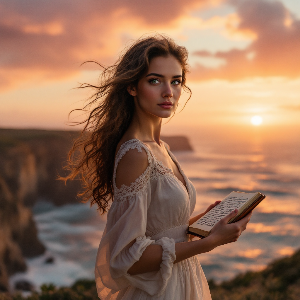 A woman in a flowing white dress stands by the ocean at sunset, holding a book. Her expression reflects strength and introspection, embodying the quote, Love is not a weakness, it is a strength.