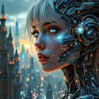 A futuristic, half-robotic female figure gazes thoughtfully towards a city skyline at dusk, symbolizing how the past influences present choices.