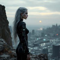 A figure with long, silver hair stands on a rocky ledge, gazing over a sprawling cityscape at sunset, embodying the yearning for self-worth and hope in a vast world.