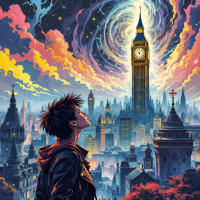 A young person gazes up at a vibrant, swirling sky above a historic city skyline, dominated by a large clock tower, symbolizing the connection between past and future.