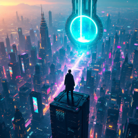 A silhouetted figure stands atop a skyscraper in a vibrant, futuristic city, gazing at a glowing portal above. The scene embodies the emergence of true self against a backdrop of neon lights.