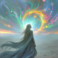 A figure stands on a desolate landscape, gazing at a swirling, colorful vortex in the sky, embodying the spirit of determination from the quote, Even if I have to reach the ends of the earth, I will find you.