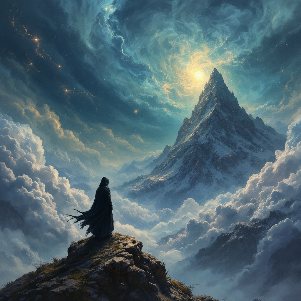 A cloaked figure stands atop a rocky outcrop, gazing toward a majestic mountain bathed in ethereal light, evoking the mysterious warning about wizards' wrath.