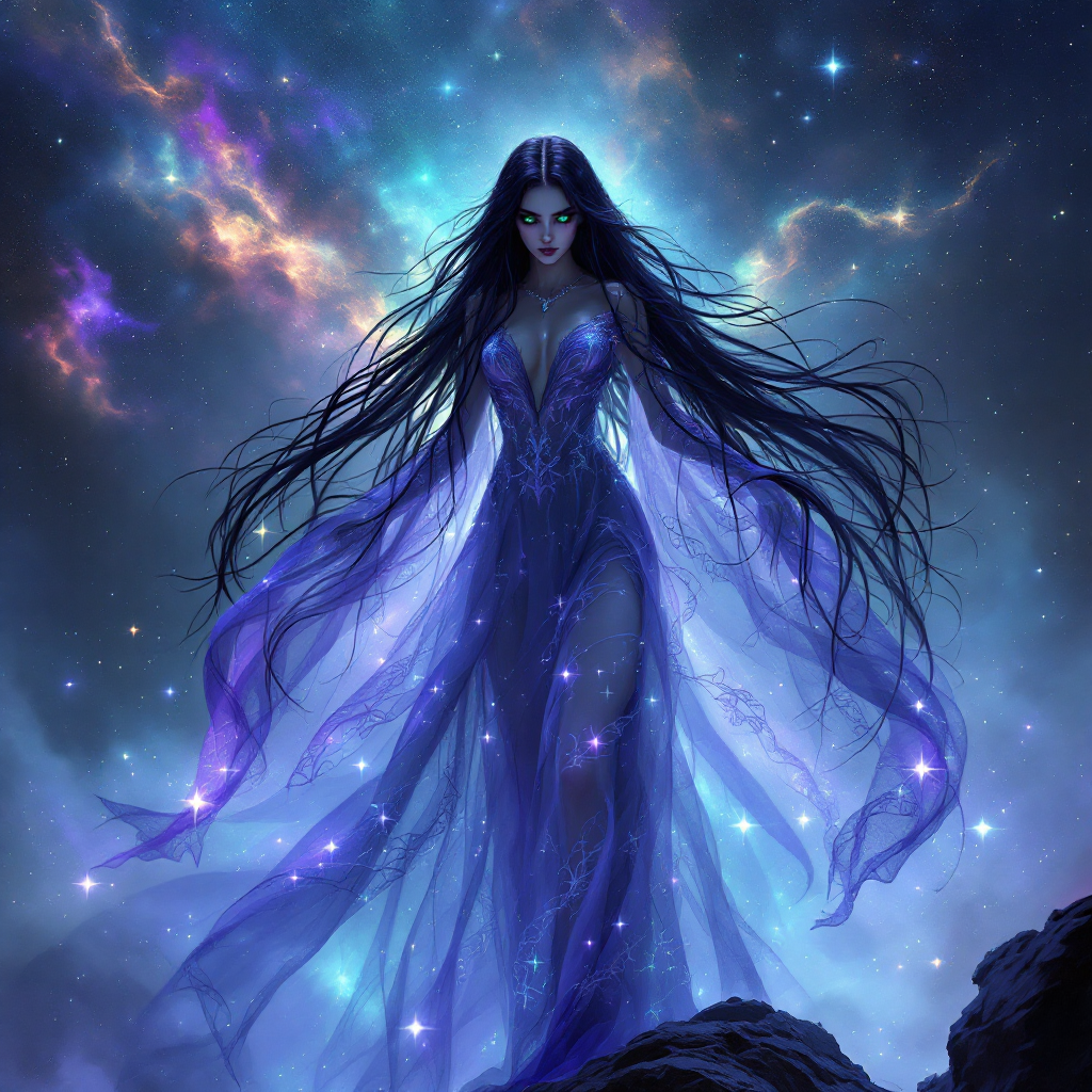 A mystical figure in a flowing, ethereal gown stands against a cosmic backdrop, embodying the duality of a queen and a shadowed woman, evoking the essence of the quote.