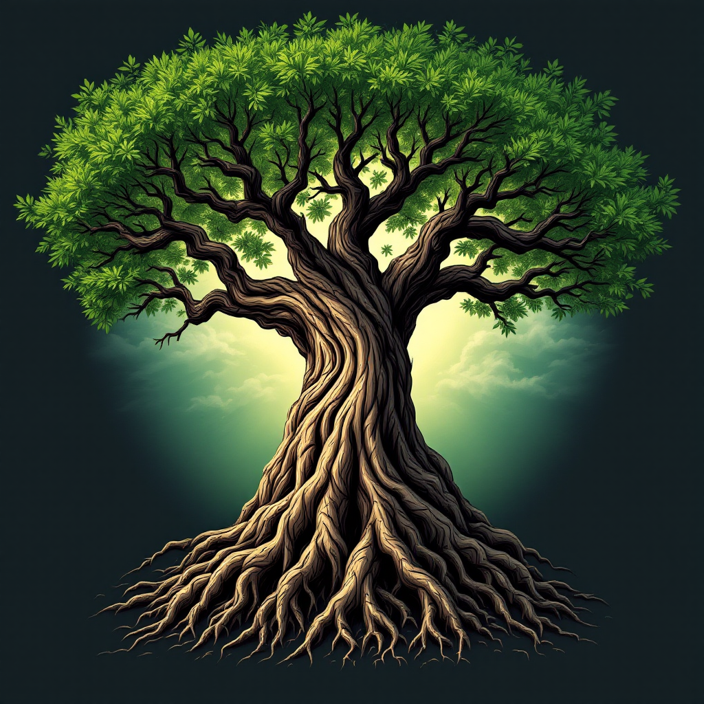 A majestic tree with a thick trunk and expansive green leaves, surrounded by a soft glow, symbolizes growth and potential, reflecting the quote about one's true nature and development.