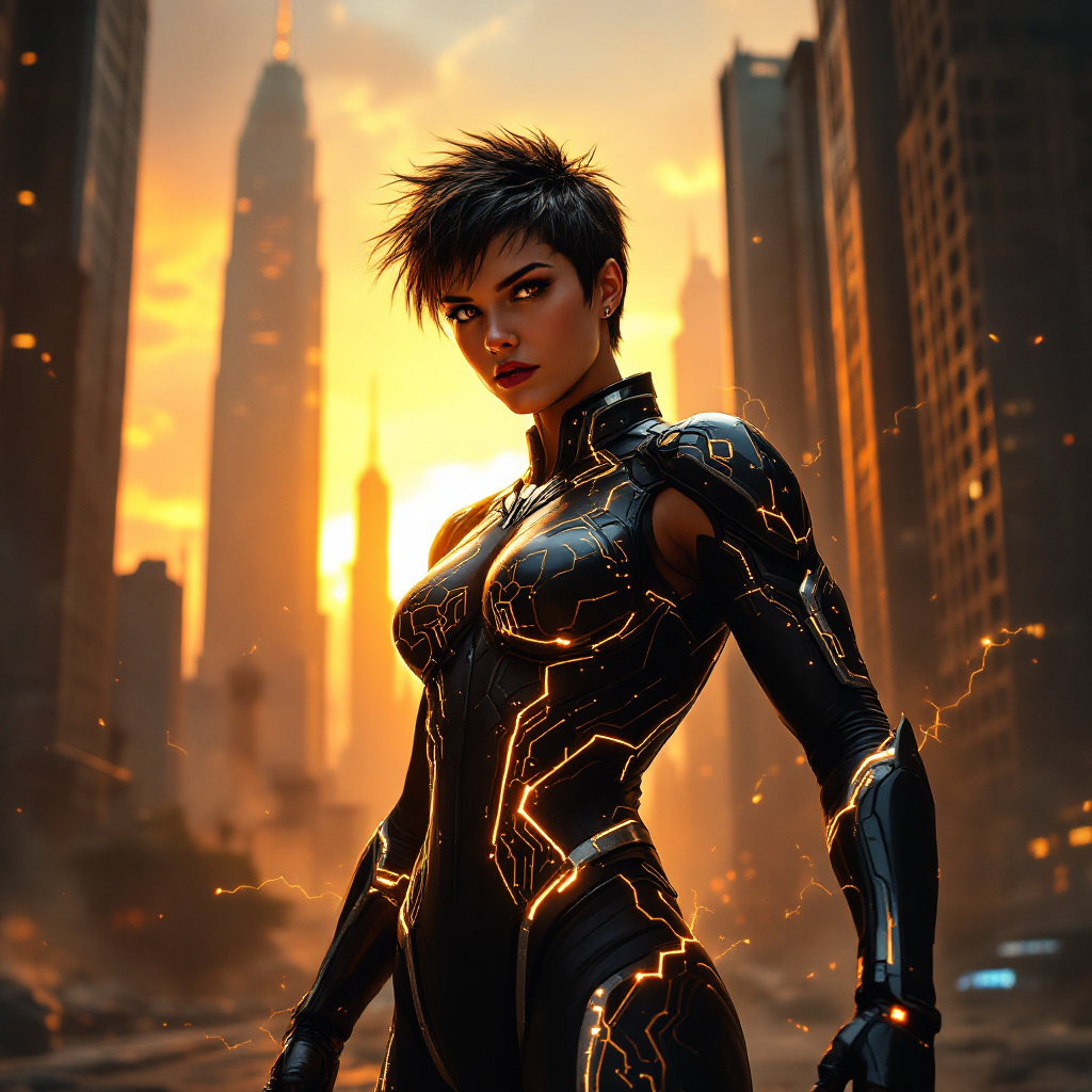 A fierce, determined figure stands in a futuristic, dystopian cityscape at sunset, embodying the spirit of the quote: I don’t know what the future holds, but I know what I will fight for.