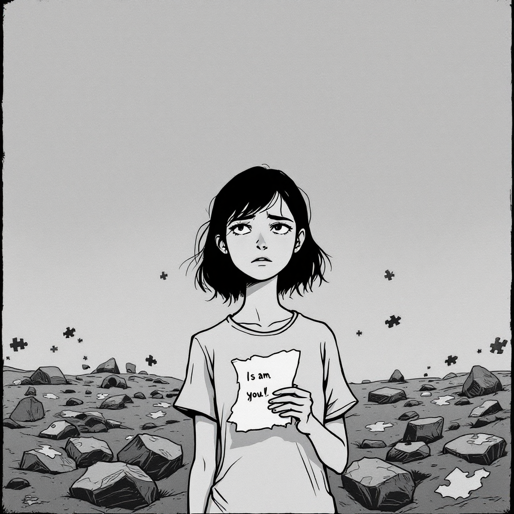 A young girl stands in a desolate landscape, holding a paper with I am written on it, embodying the theme of resilience and self-definition through failure.