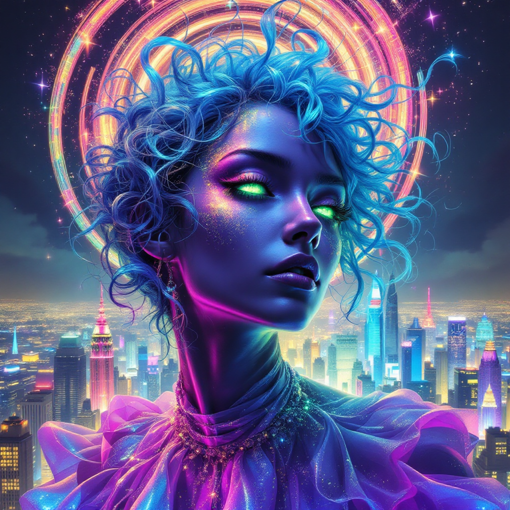 A striking figure with bright blue hair and glowing green eyes stands against a vibrant cityscape, embodying the essence of the quote about love and arrogance. A halo of light frames her head.