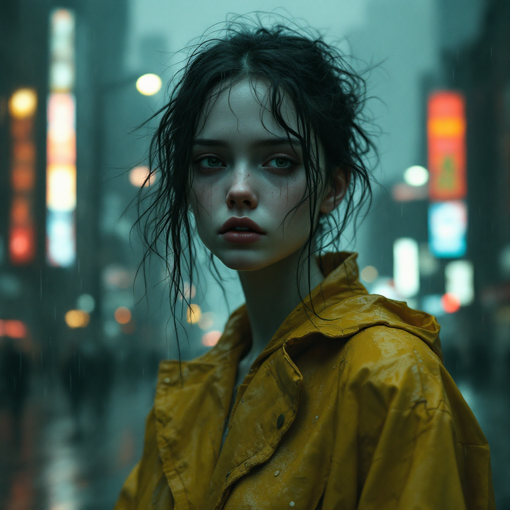 A young woman in a yellow raincoat stands in a rainy, neon-lit urban setting, her expression vacant, reflecting the emptiness of feeling described in the quote.