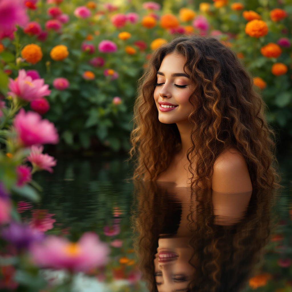 A young woman with curly hair smiles softly while immersed in still water, surrounded by vibrant flowers, embodying self-love and tranquility.