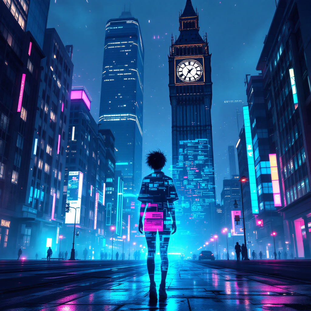 A figure stands in a vibrant, neon-lit city, with iconic Big Ben in the background, embodying the quote about innovation amidst historical constraints.