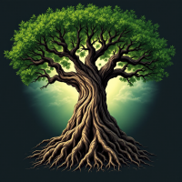 A majestic tree with a thick trunk and expansive green leaves, surrounded by a soft glow, symbolizes growth and potential, reflecting the quote about one's true nature and development.