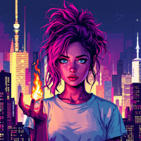 A determined young woman with vibrant pink hair stands against a city skyline at night, confidently holding a small flame in her hand, embodying courage amid fear.