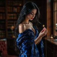 A woman in a richly embroidered blue gown, holding a golden thread and a star, stands in a dimly lit library, embodying the quote about fate woven by choices.