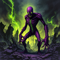 A menacing, purple-skinned creature with glowing green eyes stands amidst a ruined cityscape, embodying the struggle to choose one's response to chaos and adversity.