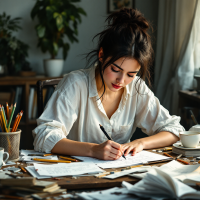 A young woman in a white shirt sits at a cluttered desk, intently writing on a sheet of paper, surrounded by pencils, books, and a cup, capturing the essence of creativity amidst life's chaos.