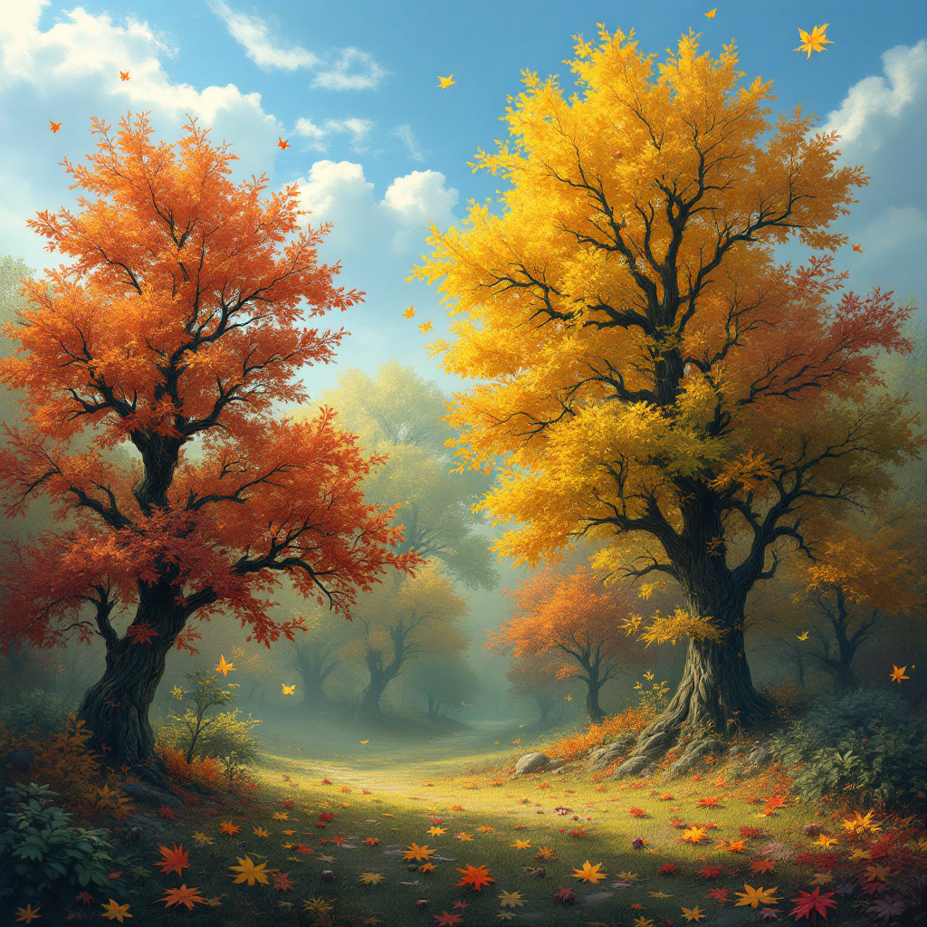 A vibrant autumn scene features trees in shades of orange and yellow, their leaves gently falling. Sunlight filters through clouds, highlighting nature's last beauty before winter.